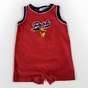 Vintage Embroidered Disney Baby Winnie The Pooh Red Tank Baseball Romper